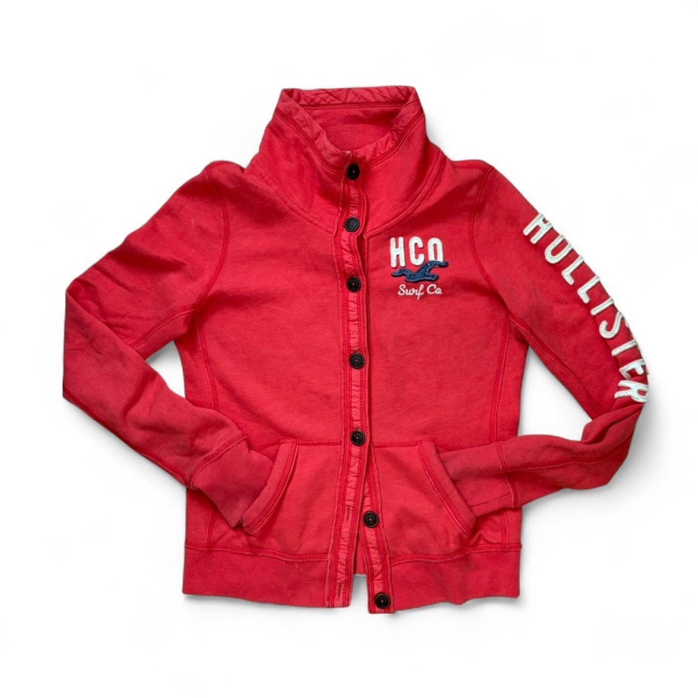 Hollister Vintage Y2K Surf Preppy Coral Spellout Button Fleece Track Jacket S/M